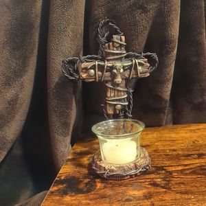 Old Wooden Cross with glass candle holder for votive